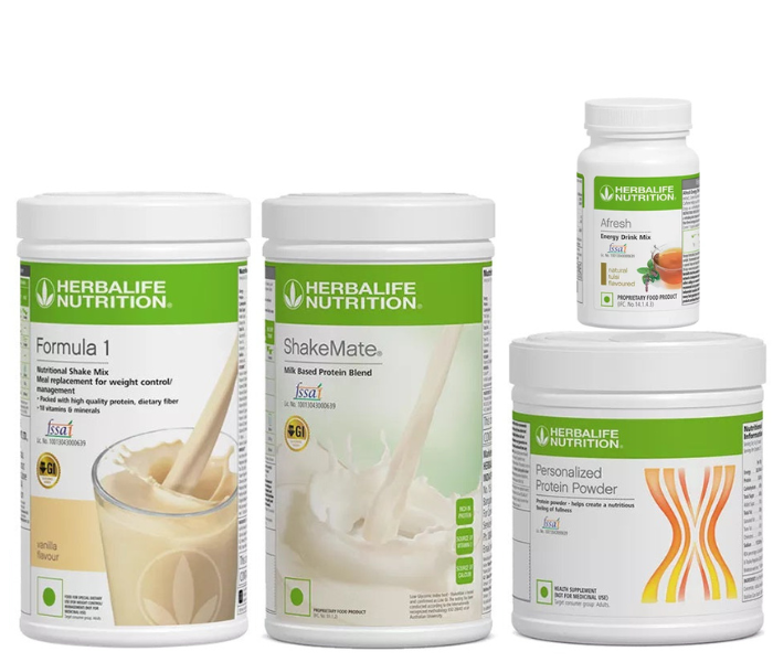 Herblife Formula 1 Vanilla Shake, Shakemate, 200g Protein Powder, and Afresh Tulsi Wellness Pack