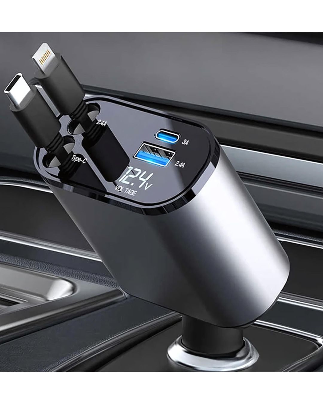 IMPORTED 120W Fast Retractable Car Charger, 4-in-1 USB C & Lightning Ports Universal Multiport Quick Charging Adapter for All Cars & Mobiles