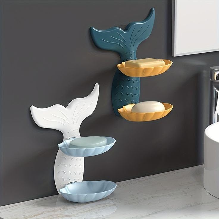 Mermaid Soap Holder (Double-Layer) with Self-Adhesive Wall Mount | Cute Drainable Soap Dish & Organizer for Bathroom and Kitchen | No-Drill Design