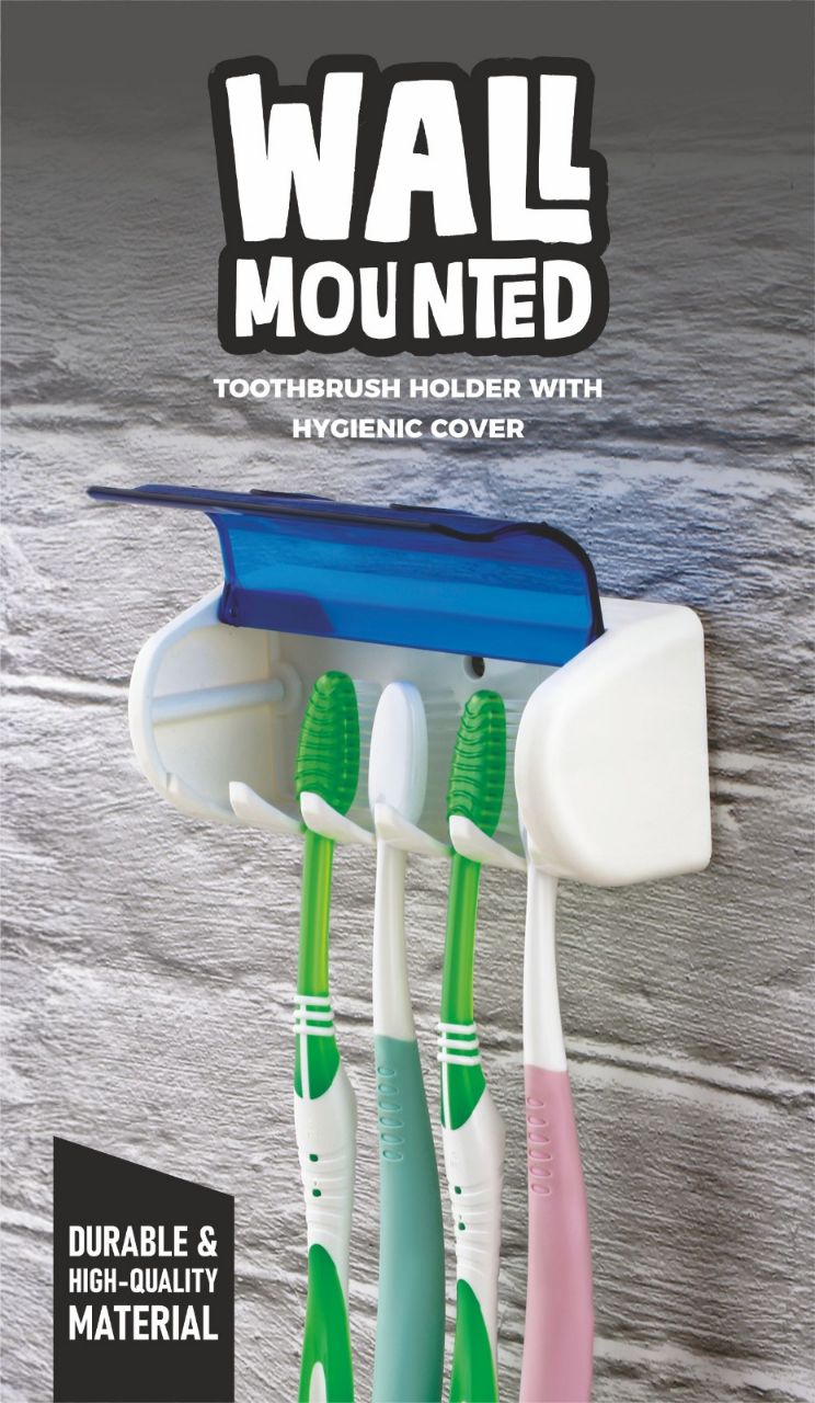 IMPORTED Wall Mount Toothbrush Holder with Hygiene Cover | Self Adhesive, No-Drill, Dustproof Organizer | Multi-Slot Space-Saving Bathroom Rack