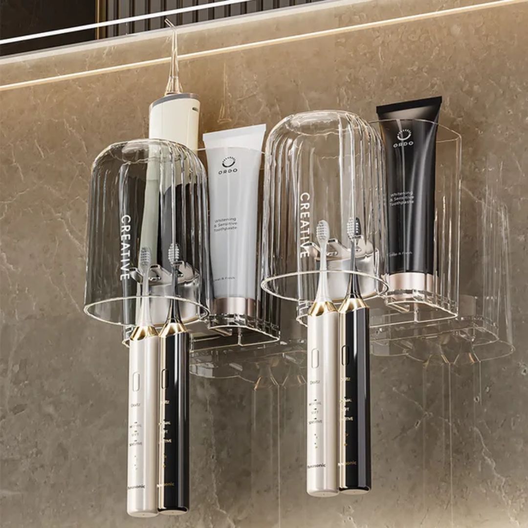 IMPORTED Wall Acrylic Toothbrush Holder (Dual Stand) with Cup Shelf & Tumblers | No-Drill Self-Adhesive Bathroom Organizer | Hygienic Space-Saving Rack
