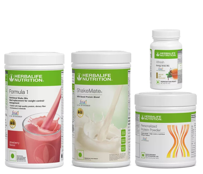 Herblife Formula 1 Strawberry Shake, Shakemate, 200g Protein Powder, and Afresh Tulsi Wellness Pack