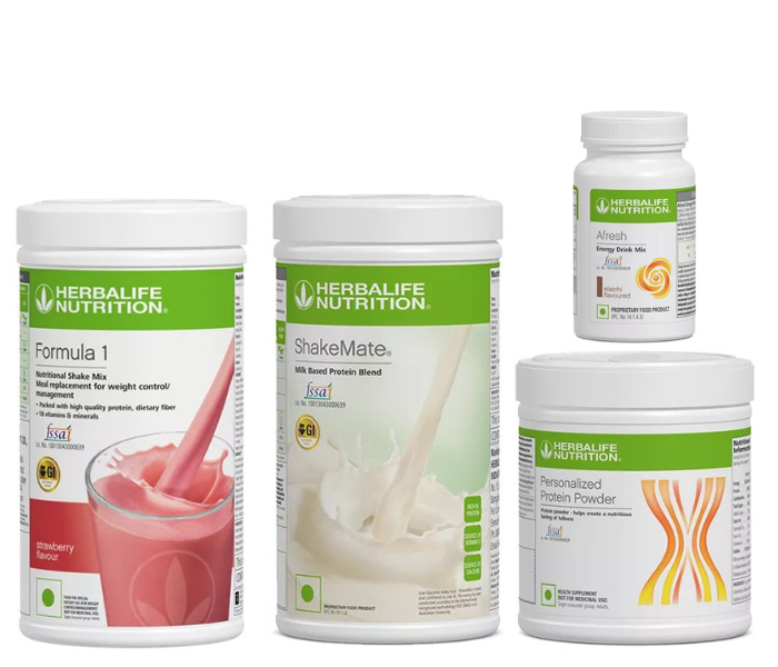 Herblife Formula 1 Strawberry Shake, Shakemate, 200g Protein Powder, and Afresh Elaichi Wellness Pack